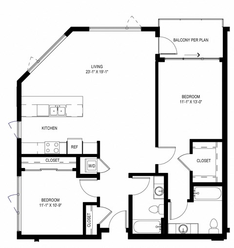 Floor plan for 2 beds, 2 baths, 1168 sqft